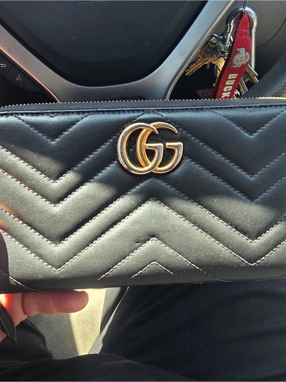 Gucci Black Chevron GG Zip Wristlet with Gold Hardware